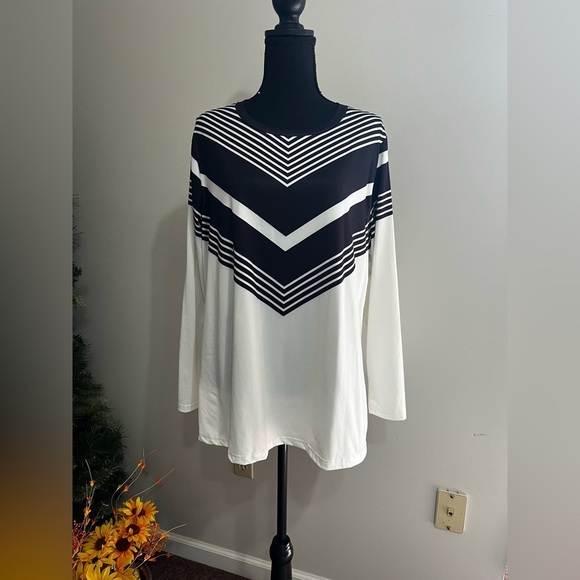 None Tops - Chic Monochrome Striped Long Sleeve Top